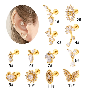 12er Set goldene Knorpelstecker aus Titanstahl mit Zirkonia in Schmetterling und Blumen