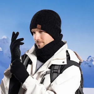 Men's winter thermal knitted set with hat, scarf and gloves in black wave pattern