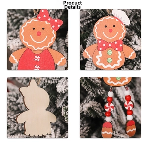 Detail of Christmas wooden gingerbread man ornaments with colorful painted patterns and beads