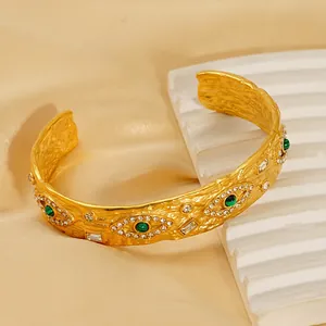 Vintage Evil Eye Malachite Cuff Bangle Bracelet For Women 18K Gold Plated Stainless Steel Hammered Texture