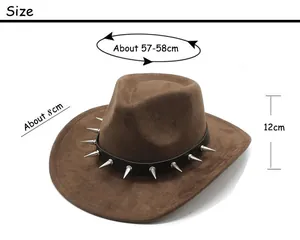 Guide des tailles détaillé pour chapeau de cowboy en daim marron avec rivets argentés