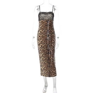 Detailed view of leopard print maxi dress featuring black lace trim and slim straps