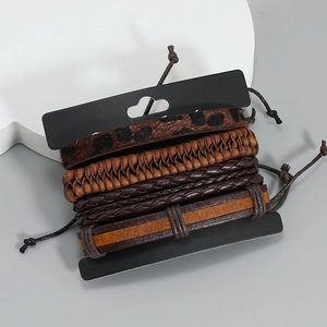Set of 4 vintage leather woven bracelets for men featuring leopard print and brown braids