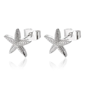 Detailed view of silver starfish stud earrings with textured finish and secure butterfly back