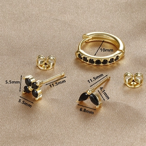 Detailed view of gold plated earring set with black zircon and dimensions in mm