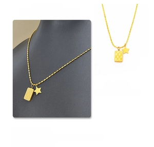 Detail view of gold star and checkered pendant necklace shown on model and white backdrop