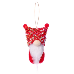 Handcrafted red and white Christmas gnome plush ornament with knitted texture and long beard
