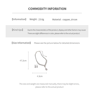 Detailed chart showing 47.2cm length and copper zircon material of the drop jewelry set