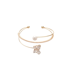 Elegant three-layer gold bangle featuring pearl accents and zircon butterfly detail