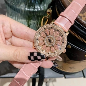 Luxury Women Quartz Watch Rotating Flower Dial Rhinestone Encrusted Fashion Genuine Leather Strap Starry Sky Elegant