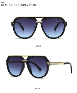 Front and 45-degree side view of black and gold pilot sunglasses with gradient lenses