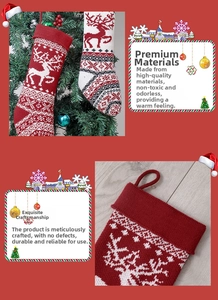 Close-up of knitted Christmas stocking with reindeer and snowflake patterns for holiday decor