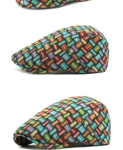 Close-up of retro ethnic style beret featuring colorful geometric jacquard weave texture
