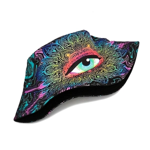 Detail of psychedelic bucket hat with mandala patterns and realistic eye graphic