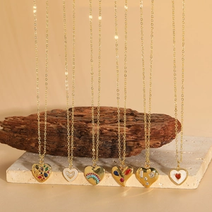 Golden heart pendant necklaces with colorful zircon and shell oil drop inlay set