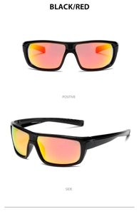 Polarized cycling sunglasses with black frames and red-orange mirrored lenses in two views