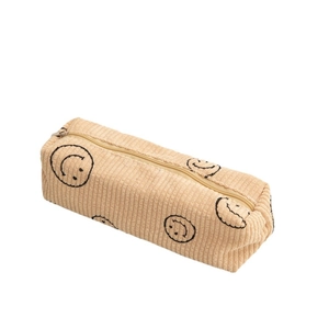 Minimalist corduroy smiley face stationery bag with large capacity in beige color