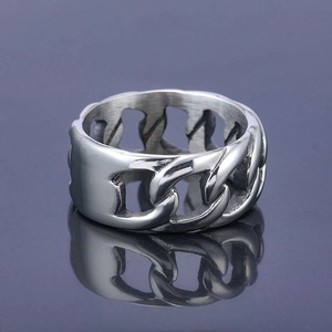 Detailed close-up of silver stainless steel ring with hollow Cuban chain link design