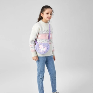 Cute purple plush unicorn shoulder bag for kids featuring soft embroidery and 3D ears