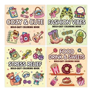 Detail showing four themes of cute cartoon animal coloring books with macaron covers