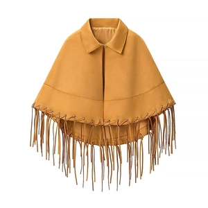 Women Faux Suede Tassel Cape Cloak Fringe Poncho Jacket Batwing Sleeve Lapel Outerwear Streetwear