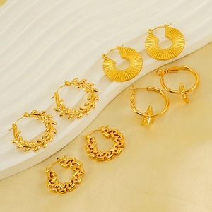 Hoop Earrings 18K Gold Plated Stainless Steel Geometric Star Pendant Textured Fan Leaf Wheat Link Retro Style For Women