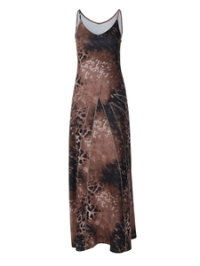 Slim fit leopard print slip maxi dress in brown silky fabric for women fashion