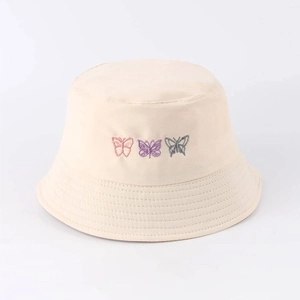 Beige cotton bucket hat with colorful butterfly embroidery for summer sun protection