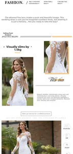 Detail of elegant white lace long sleeve wedding dress with breathable sheer mesh fabric