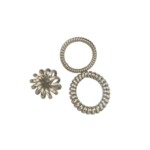 Three-piece set of silver metallic spiral hair ties with elastic telephone cord design