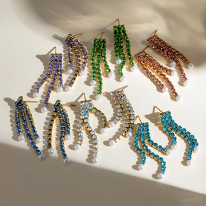 Triple Layer Tassel Drop Earrings 18K Gold Plated Stainless Steel Colorful Rhinestone Artificial Pearl Dangle Jewelry For Women