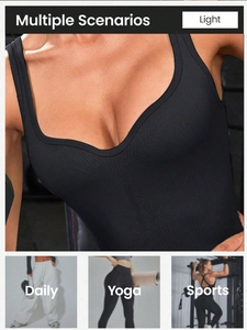 Detail view of black ribbed knit sports vest showing daily, yoga, and athletic usage