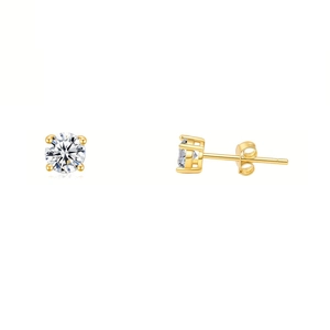 Detailed side and front view of gold-plated silver round zircon stud earrings with butterfly back