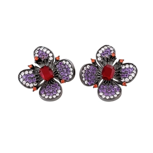 Boucles d'oreilles vintage en argent avec pierre rouge et zircon de couleur florale