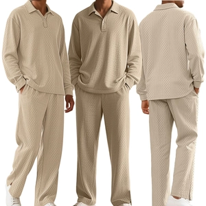 Men's khaki waffle knit long sleeve polo shirt and trousers casual two-piece set