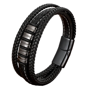 Multilayer black woven leather bracelet with metal accents and magnetic clasp for men