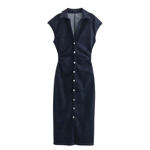 Dark blue sleeveless denim midi dress with button-down front and cinched waist