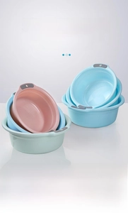 Detail view of thickened plastic washbasins with dual handles and hanging holes
