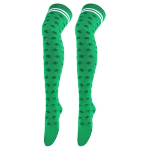 Bright green over-knee shamrock socks with white stripes for St. Patrick's Day party wear