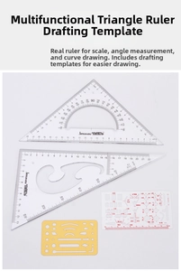 Detailed view of architectural drafting kit with transparent rulers and drafting templates