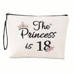 Detail of canvas makeup bag with The Princess is 18 print and black zipper strap