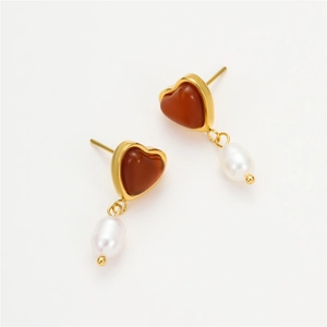 Golden heart red agate and drop pearl earrings jewelry set for women on white background