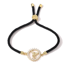 Bracelet Arbre de Vie ajustable en cordon noir avec zircons et finition dorée