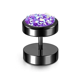 Macro detail of black dumbbell earring with sparkling purple crystal inlay textures