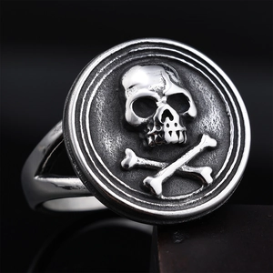 Retro punk skull and crossbones ring in oxidized silver finish with hollowed band