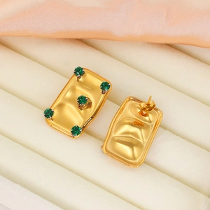 French style gold square earrings with green crystals shown from front and back view