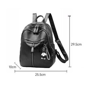 Detailed dimensions of black PU leather backpack with size labels and cute bear charm