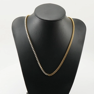 Moitié collier tennis en cristal et moitié chaîne cubaine dorée en acier inoxydable