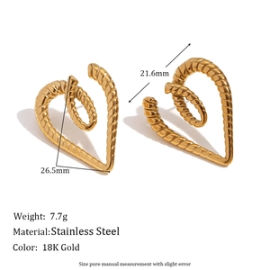 18K gold plated stainless steel heart stud earrings with twisted rope texture design