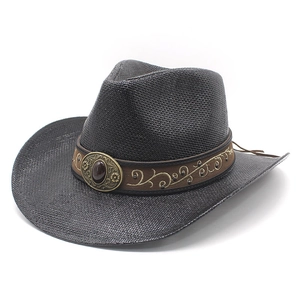 Retro Western Cowboy Hat Paper Straw Wide Brim Sun Protection Breathable Ethnic Embroidery Metal Buckle Gemstone Summer Travel Beach